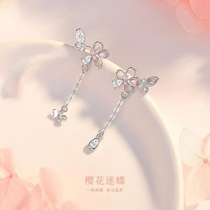 樱花蝴蝶锆石耳钉s925银约会送礼