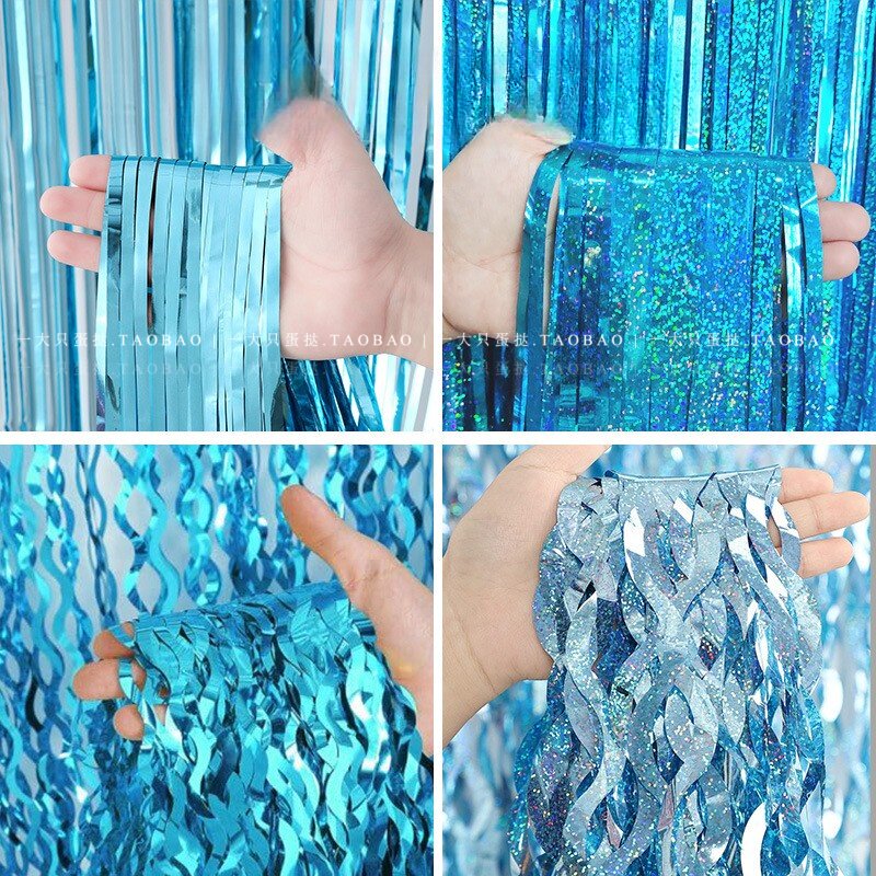 镭射炫彩浅蓝色弯刀波浪雨丝帘海洋美人鱼主题生日派对背景装饰