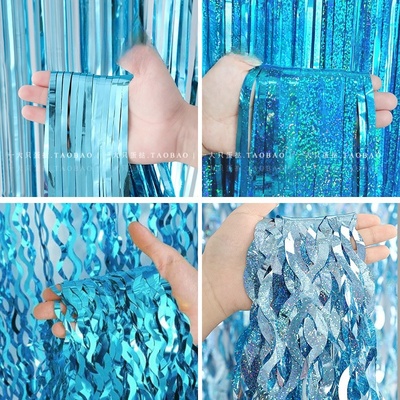 镭射炫彩浅蓝色弯刀波浪雨丝帘海洋美人鱼主题生日派对背景装饰