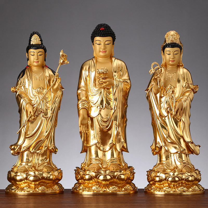 纯铜贴真金西方三圣佛像客厅摆件