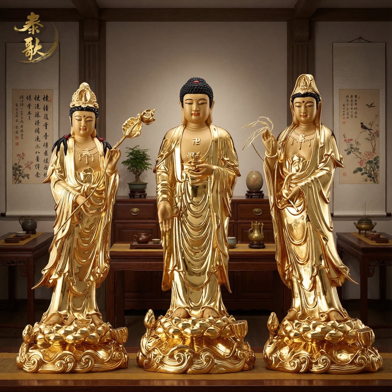 纯铜西方三圣佛像贴金阿弥陀佛站像客厅供奉观音像大势至菩萨摆件