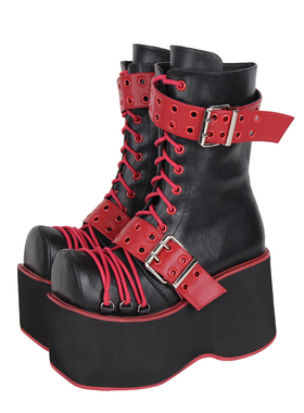 2023秋季新品特殊头型朋克风系带松糕厚底中筒靴M3733