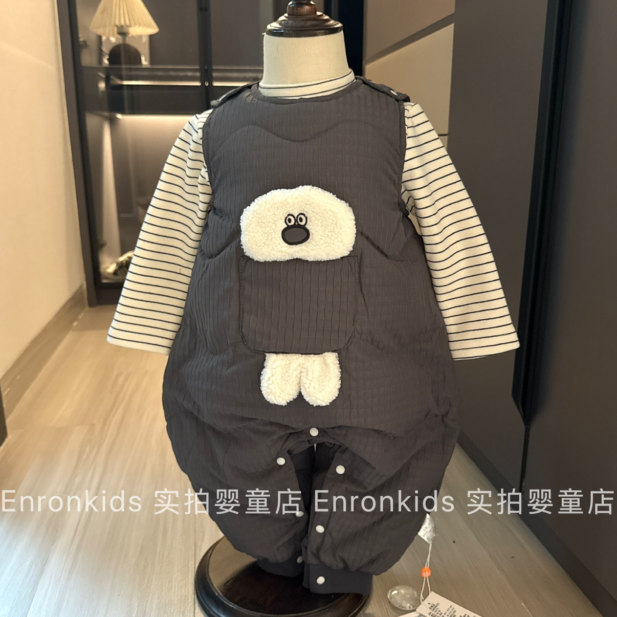 婴幼儿羽绒服冬款男宝宝卡通无袖背带裤新国标90白鸭绒保暖连体裤