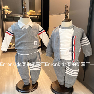 衬衫 潮牌宝宝春秋季 衣服男女婴儿冬季 加绒上衣马甲外套长裤 周 套装