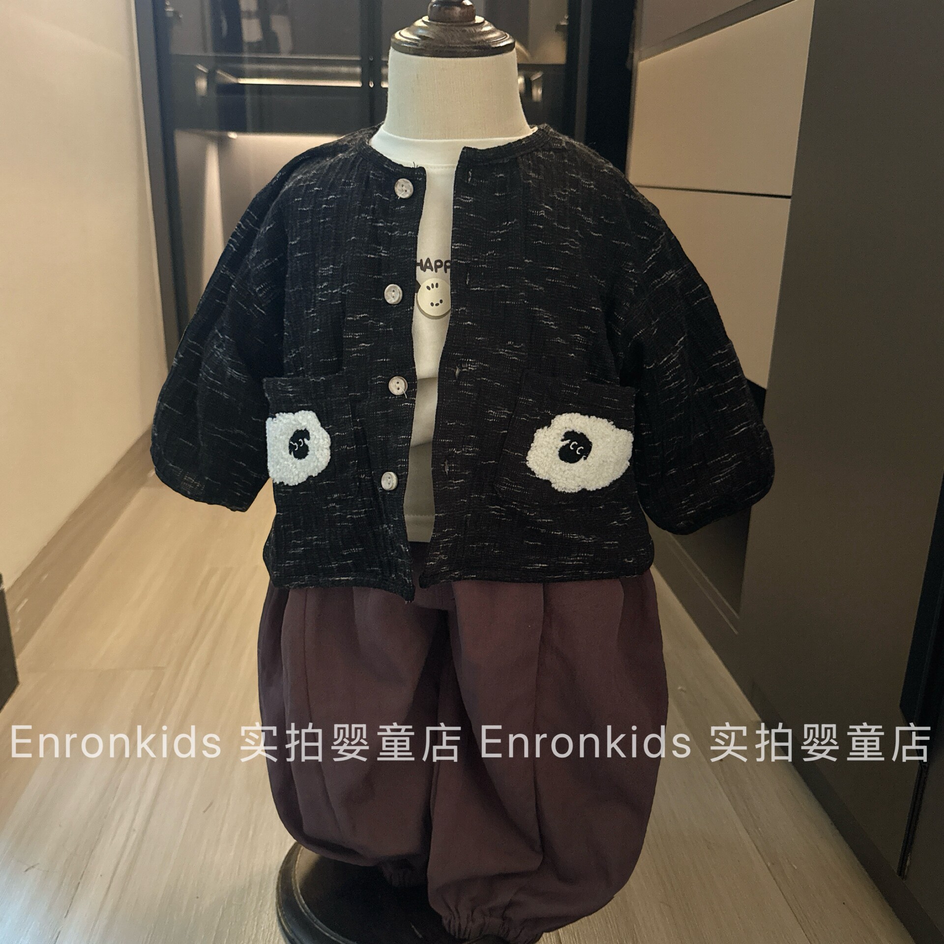 春款男童日系针织开衫灯笼裤三件图片