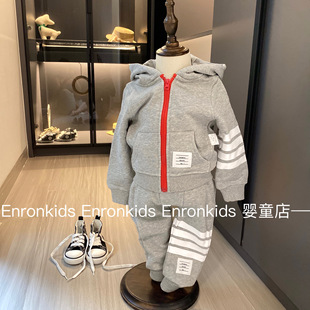 秋季男童套装TB运动风休闲潮牌分体两件套纯棉连帽开衫春婴儿衣服