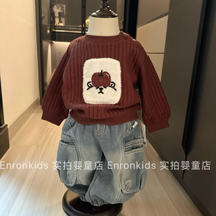 帅气时髦男童秋冬套装儿童韩系卫衣加绒工装裤两件套宝宝周岁衣服
