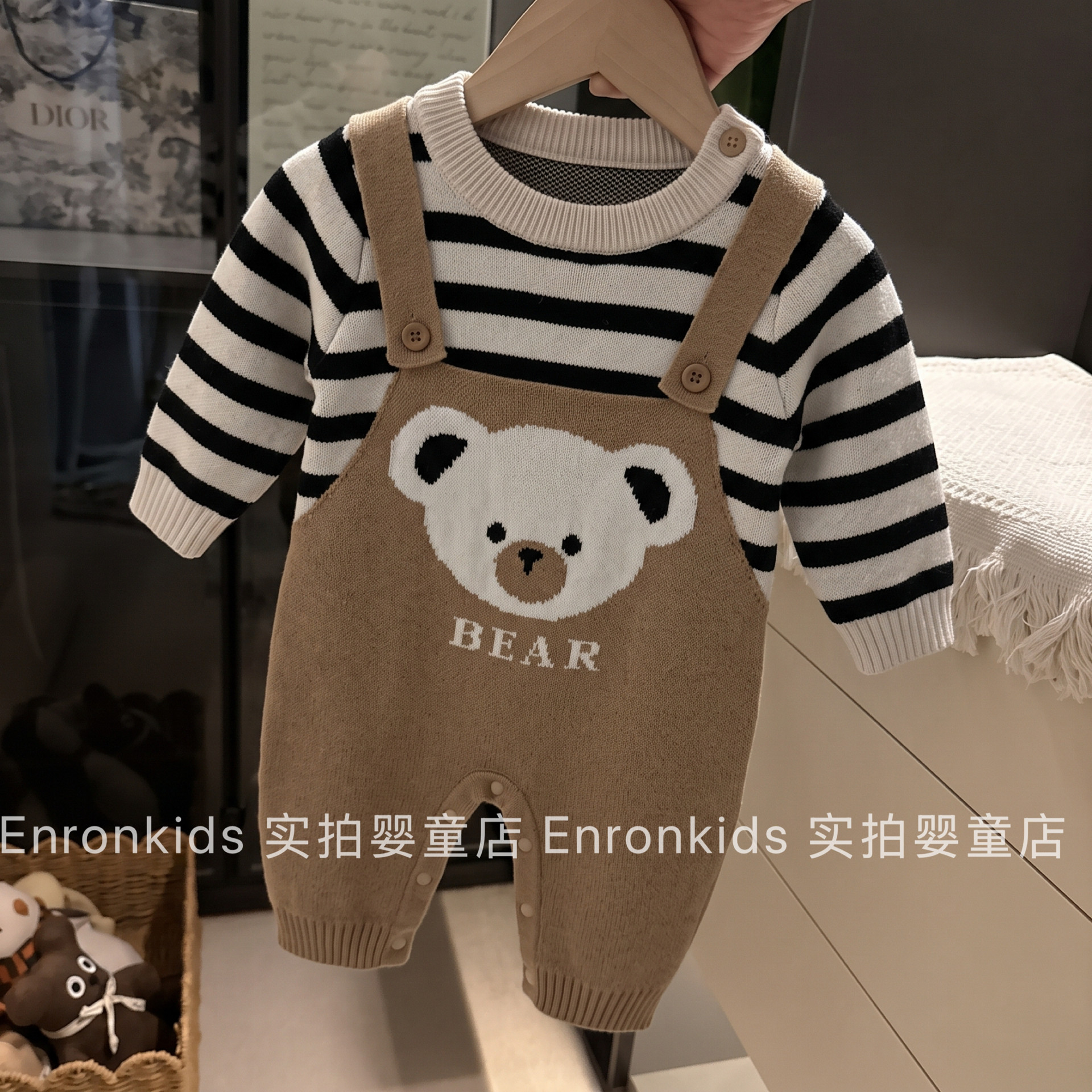 婴幼儿秋冬季外出服连体衣毛线假两件背带裤条纹针织宝宝春装爬服