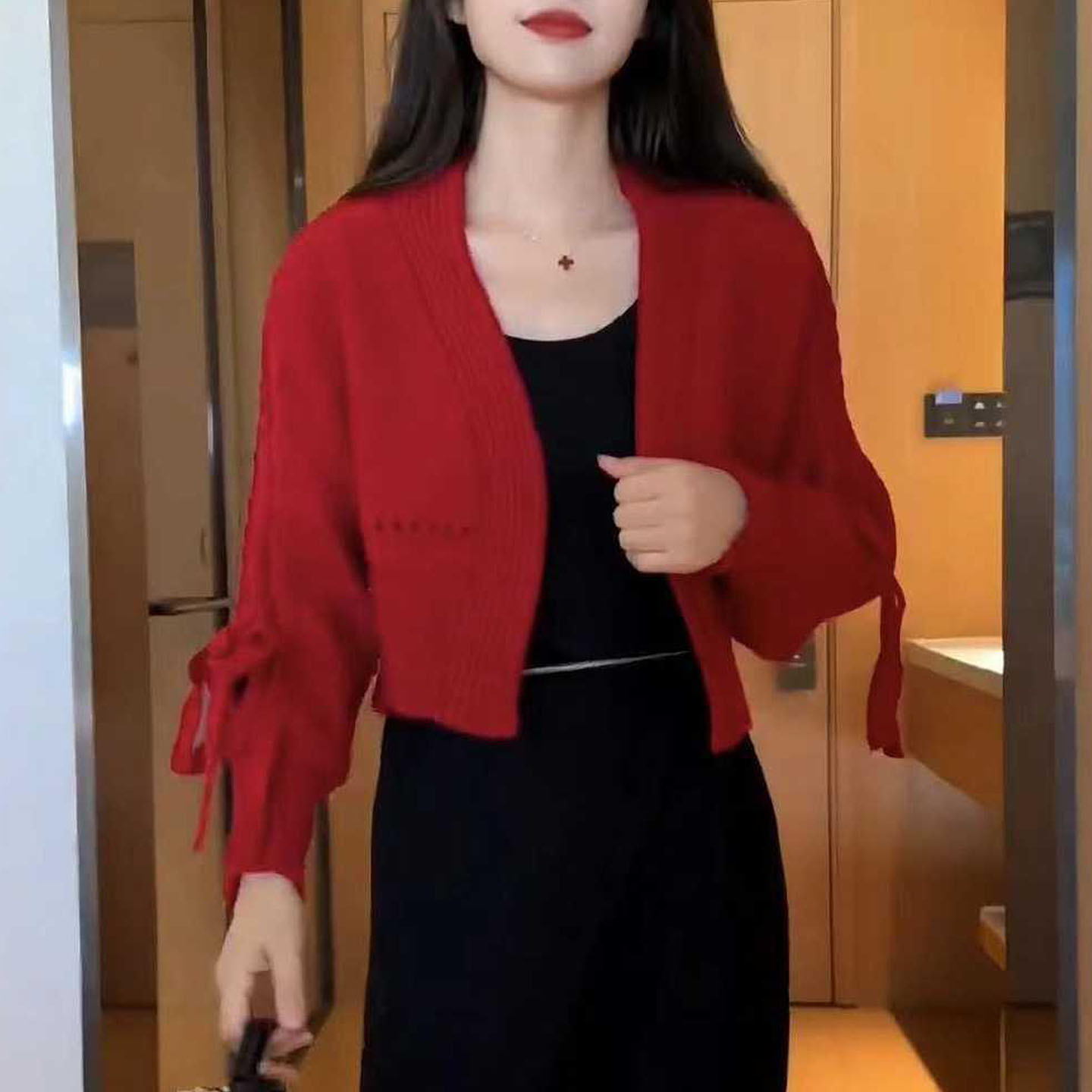 短款灯笼袖针织衫开衫毛衣外套秋图片