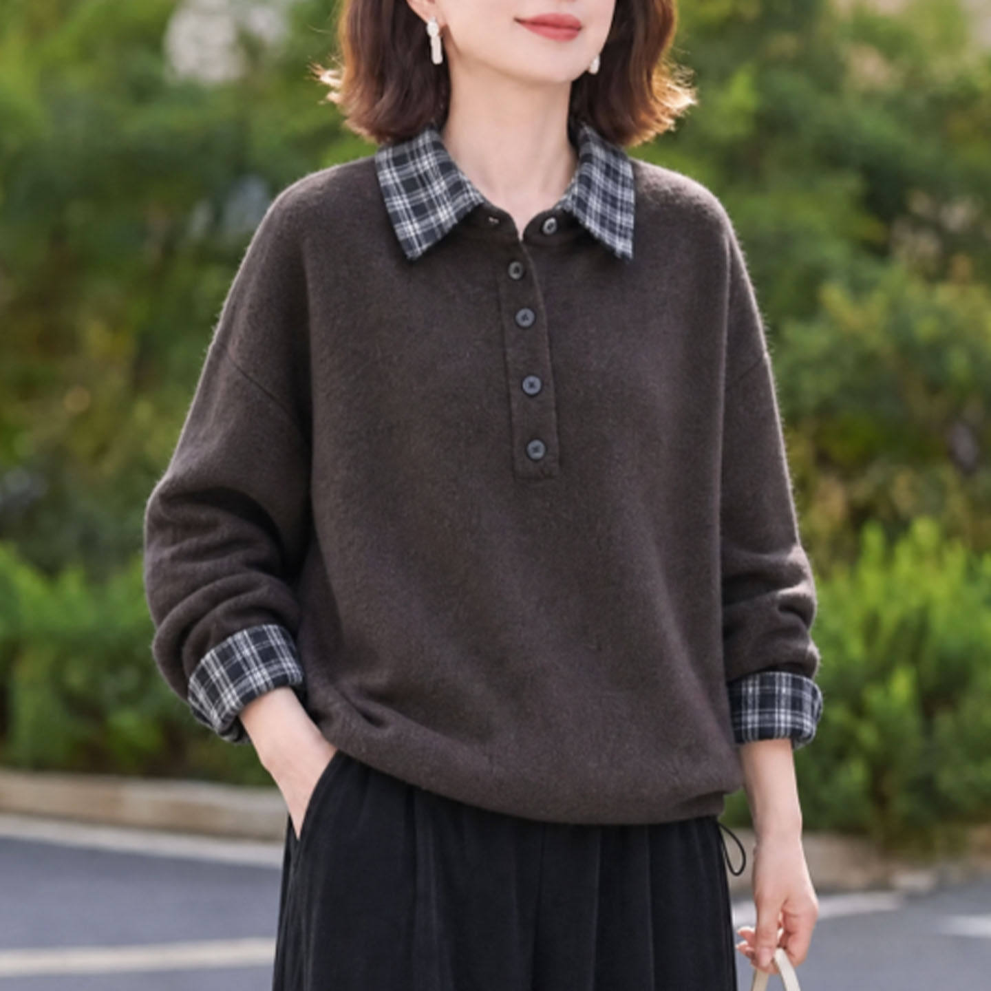 格子翻领卫衣女士秋季新款长袖套头气质显瘦女装时尚宽松休闲上衣