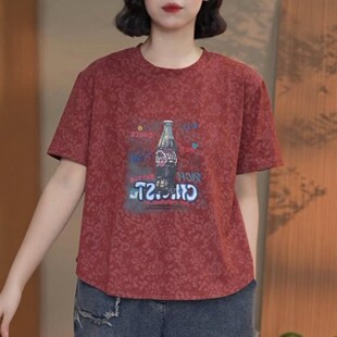 2026夏新款复古印花短袖T恤女宽松圆领休闲百搭减龄圆领上衣爆款