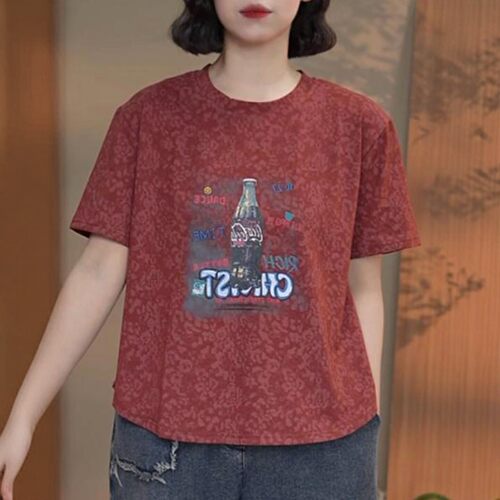 2026夏新款复古印花短袖T恤女宽松圆领休闲百搭减龄圆领上衣爆款