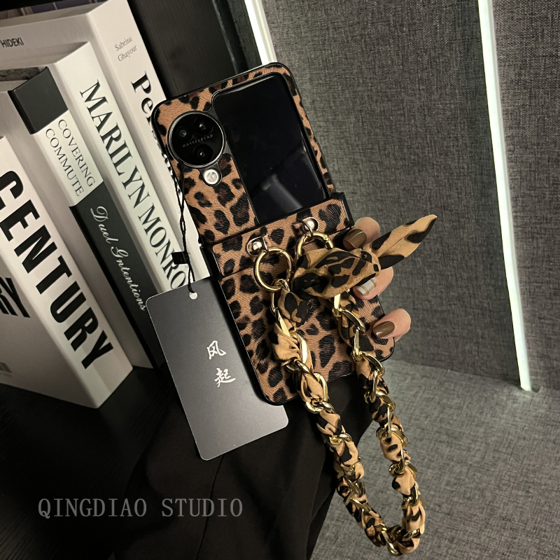 潮流欧美豹纹丝巾手提链适用oppofindn3flip手机壳全包新款oppo折叠屏高级感网红N2+Flip翻盖防摔保护套潮女