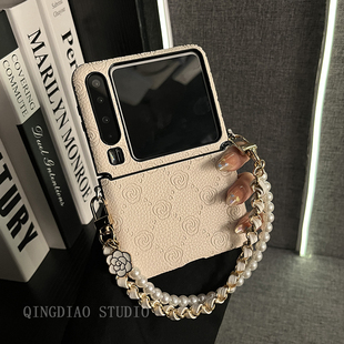 轻调 超仙ins国风白皮山茶花手提链适用于华为Pura X手机壳全包新款purax典藏版折叠屏p50宝盒翻盖防摔保护套