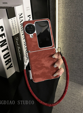 轻调 典雅复古风侧扣纹理暗红手提绳适用于oppo findn3/2flip手机壳新款折叠屏网红超薄翻盖防摔保护套手机壳