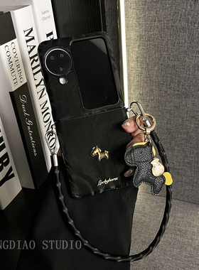 轻调 高级感黑色测扣皮纹金小马手绳适用于oppo findn3/2flip手机壳新款折叠屏网红超薄翻盖防摔保护套手机壳