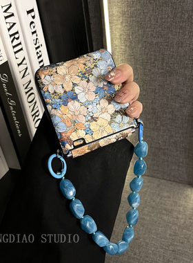 轻调 ins文艺风烫金蓝色花朵石头纹手提链适用于荣耀MagicVFlip2手机壳新款Magic折叠屏V FLIP防摔翻盖保护套