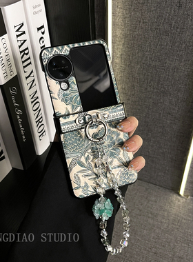 轻调 ins文艺高级感烫金绿色树叶方钻手提链适用于oppo findn3/2flip手机壳新款折叠屏超薄翻盖防摔女保护套