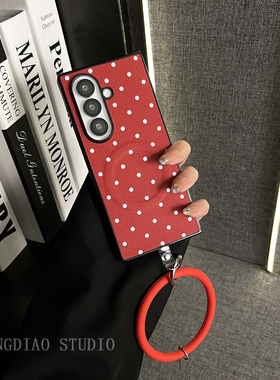 轻调 韩式ins红底白波点皮纹磁吸圆手环适用于三星zfold7/6/5/Galaxy Z W25/24手机壳新款折叠屏翻盖防摔套