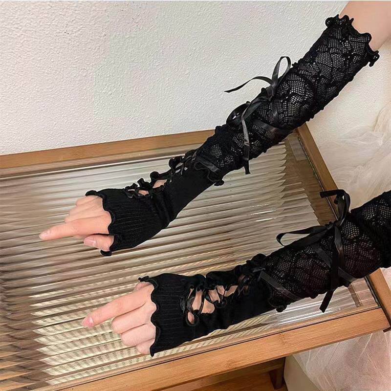 黑色长版手套lolita蕾丝手袖女拼接芭蕾风丝绑带臂袖套cos甜酷风