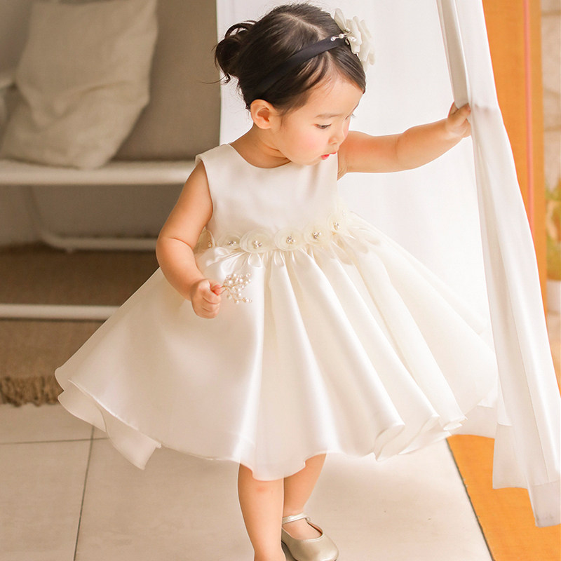 儿童礼服公主裙夏季童装白色手工花童婚纱女童生日表演出服蓬蓬裙