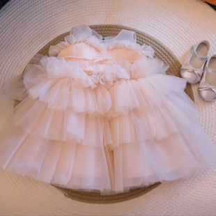 小花童礼服女婚礼缎面公主蓬蓬裙宝宝一周岁生日女童轻奢儿童洋气