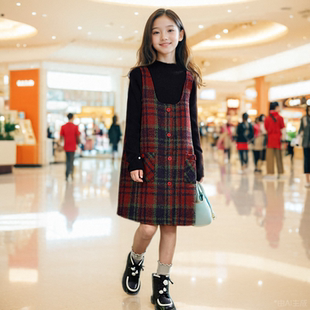 女童呢子套装裙2025秋冬季新年儿童洋气背带裙格子背心裙气质裙子