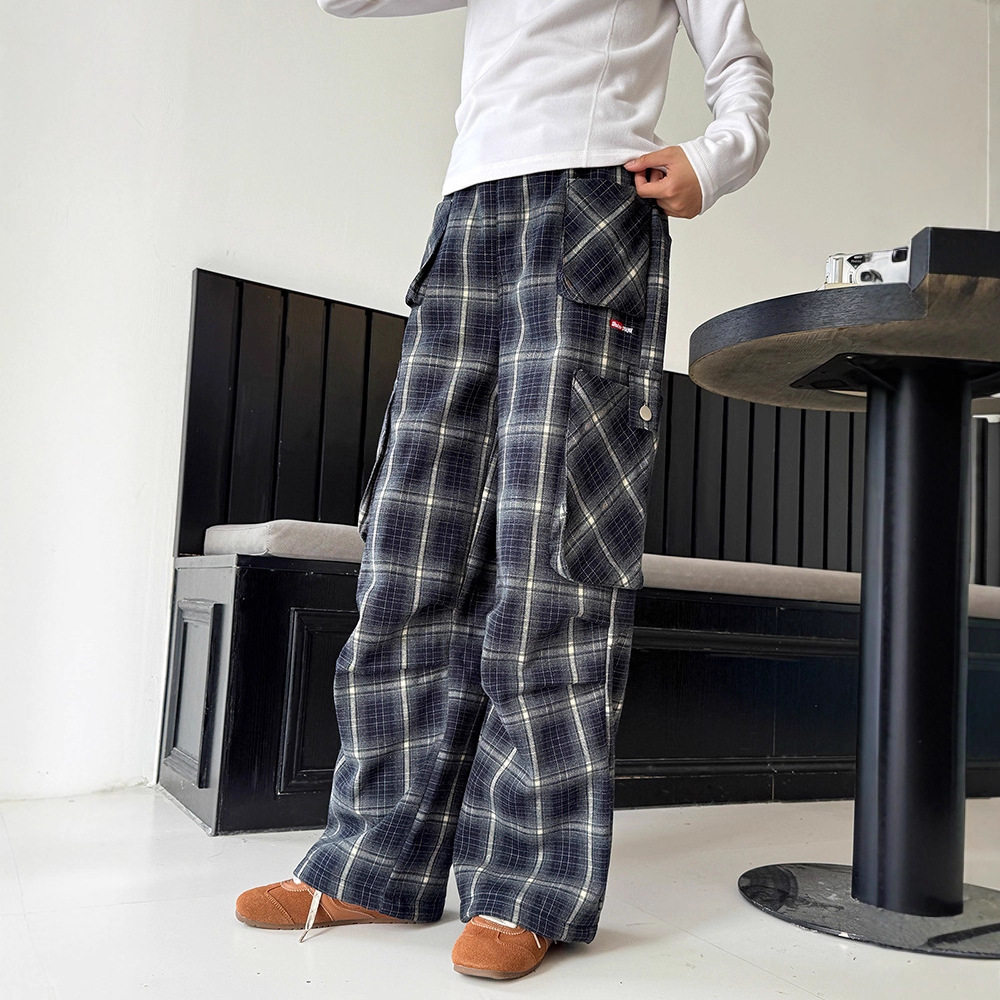 女童格子休闲裤2025新款冬装儿童韩系加绒加厚裤子大童工装阔腿裤