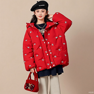 女童羽绒棉服红色中大童亲子装冬季小女孩连帽棉袄外套中长款棉衣