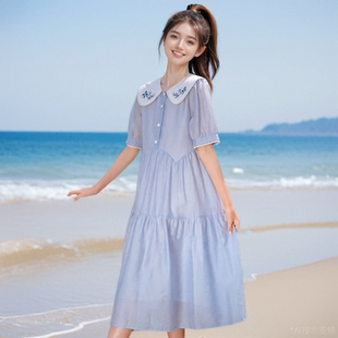女童連衣裙夏季 女孩裙子 學(xué)院風(fēng)藍(lán)色天絲A字裙中大童夏裝 2025新款
