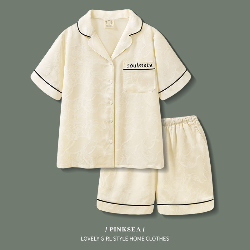 Pinksea情侣睡衣女夏季高级感冰丝短袖短裤大码男士家居服套装