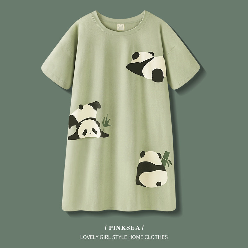 睡裙夏季女2023年新款纯棉小熊猫短袖连衣裙宽松大码可外穿家居服