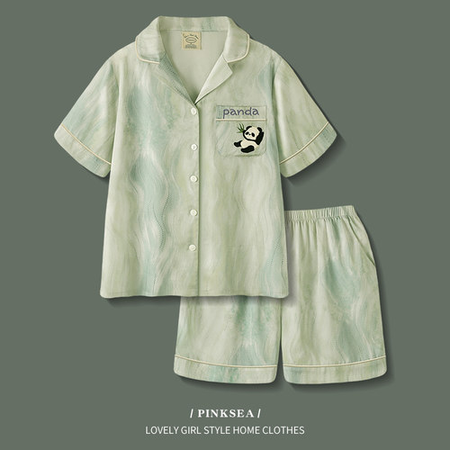 睡衣女夏款熊猫冰丝短袖家居服