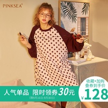 可爱韩版 大码 睡衣家居服裙子春秋 Pinksea睡裙女秋棉质长袖 秋冬季