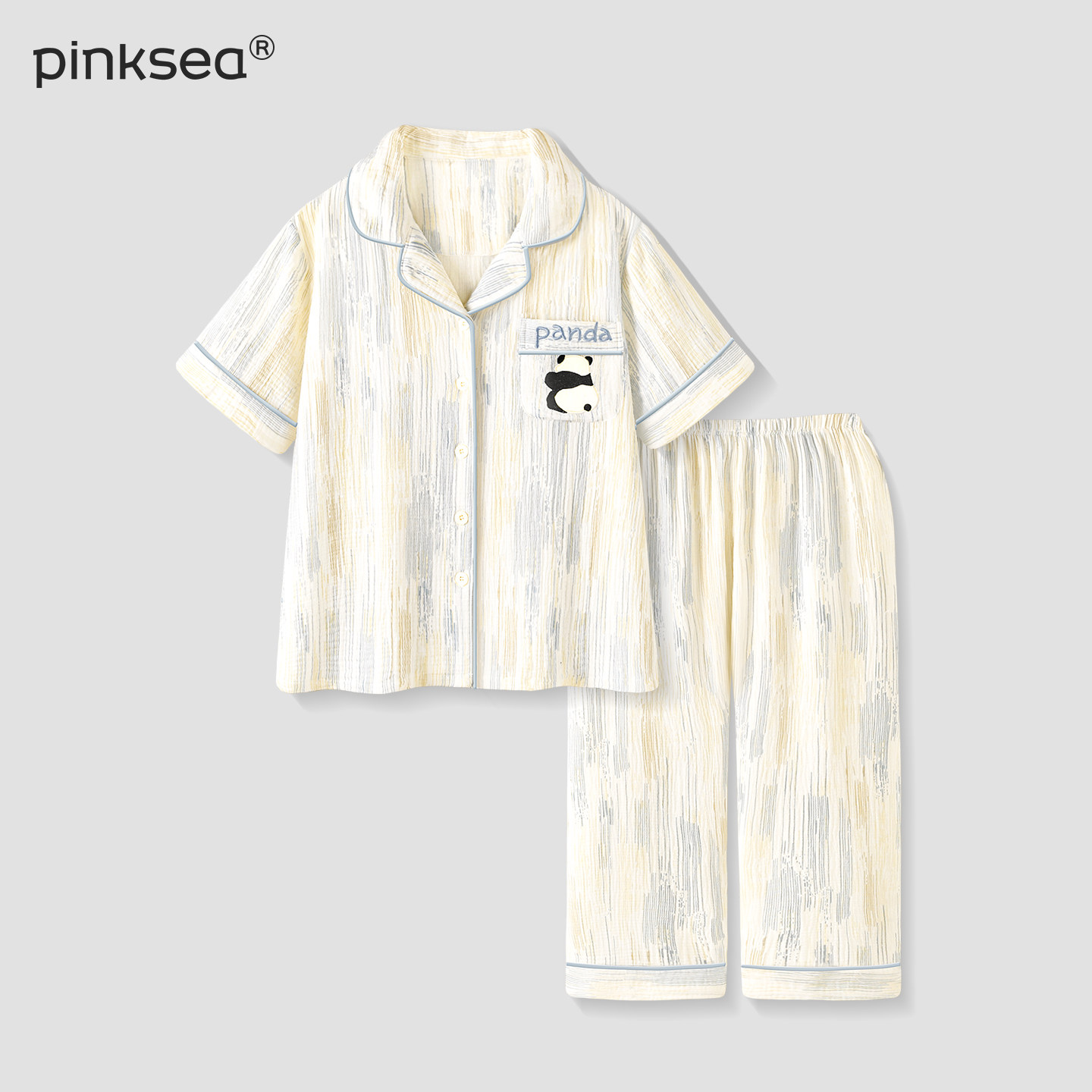 A类全棉纯棉婴儿双层纱布短袖长裤情侣睡衣女款夏季男家居服套装