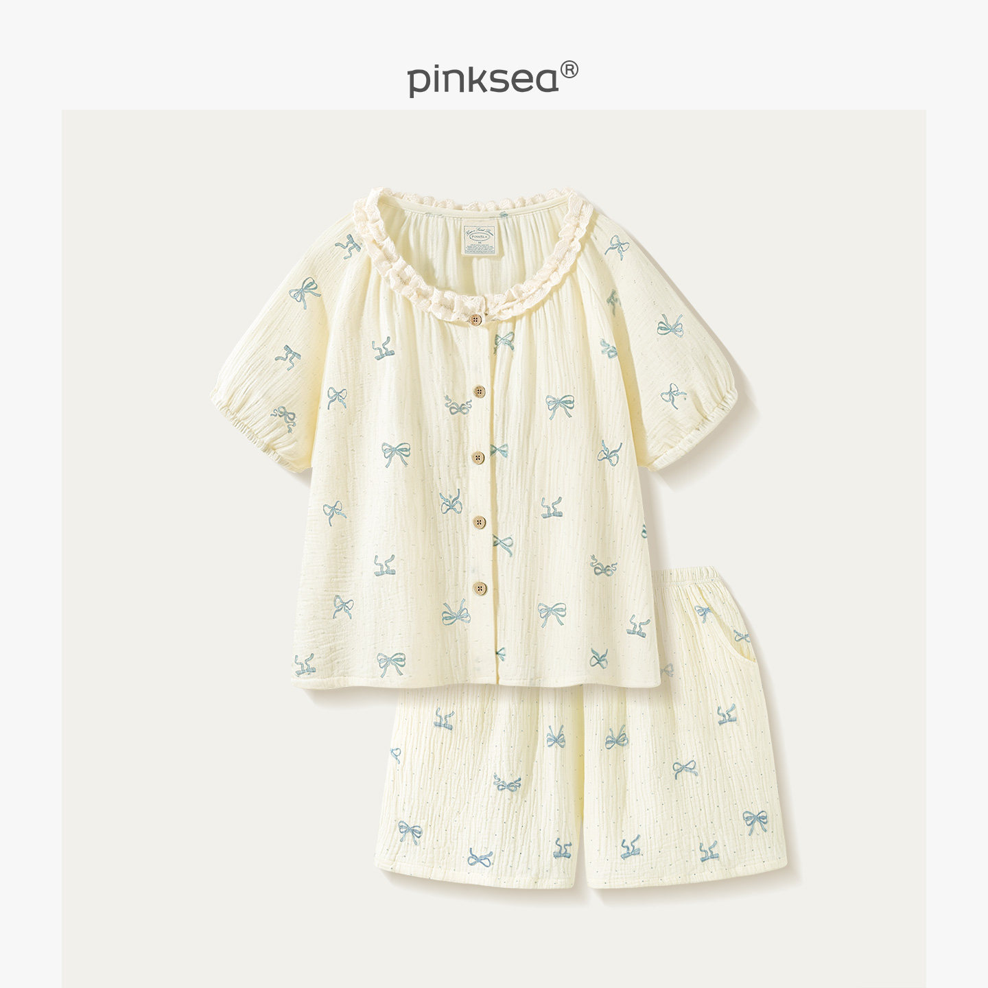 Pinksea睡衣女夏季薄款纯棉纱布短袖短裤套装带胸垫可外穿家居服