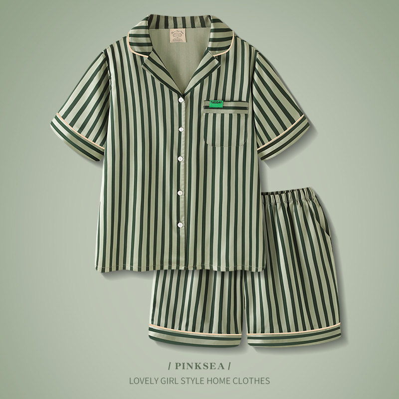 情侣睡衣女夏冰丝高级感竖条纹短袖家居服大码可外穿薄款男士套装