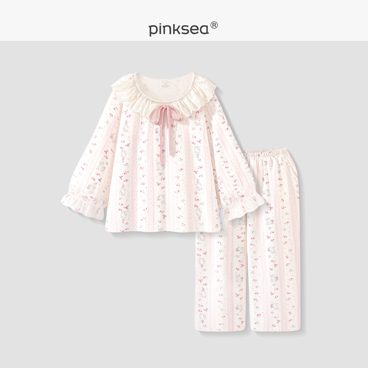 【蜜糖小猫】pinksea纯棉睡衣女款新款母婴级长袖春秋甜美家居服
