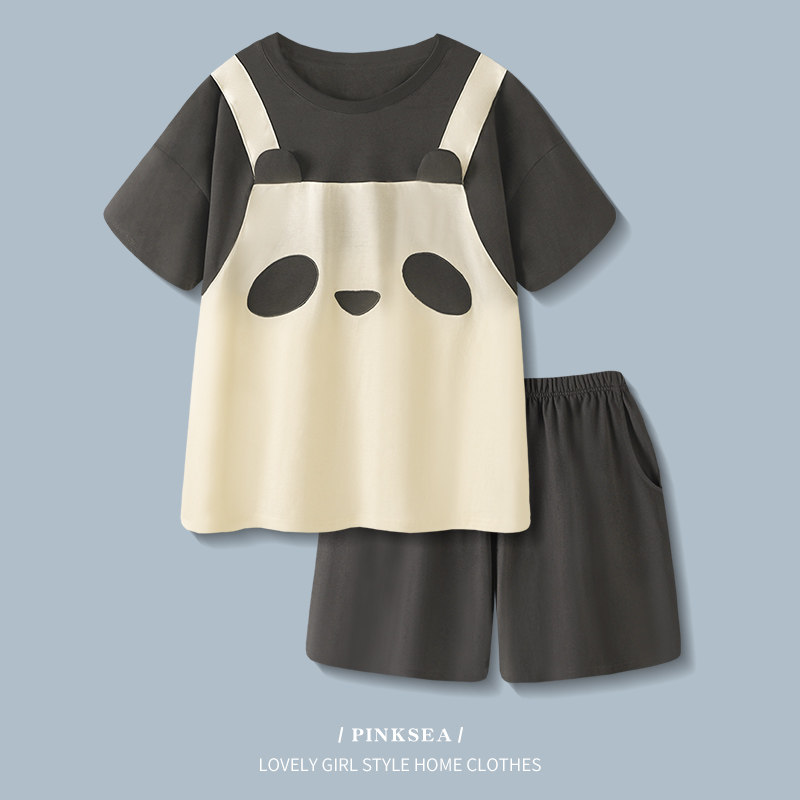 情侣睡衣女夏天透气纯棉短袖熊猫两件套新款大码男士家居服套装