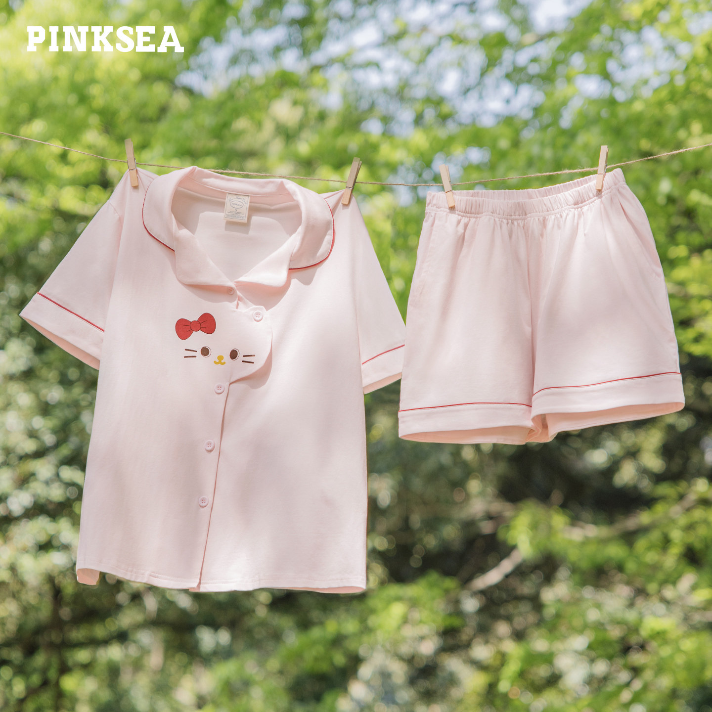 Pinksea纯棉睡衣女士夏天新款可爱小猫A类短袖短裤凉感家居服套装