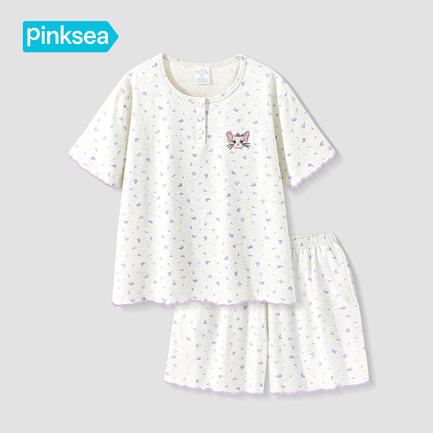 Pinksea纯棉睡衣薄款夏季女士带胸垫家居服可外穿碎花短袖套装女