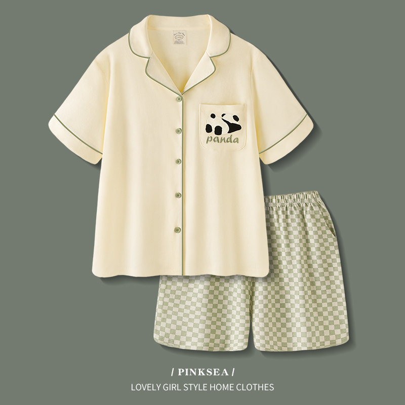 情侣睡衣女夏薄款短袖纯棉家居服2023年新款大码格子短裤男士套装