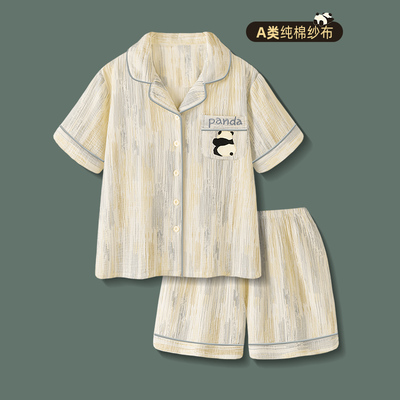 情侣睡衣女夏季A类纯棉纱布短袖短裤长裤套装新款带胸垫男家居服