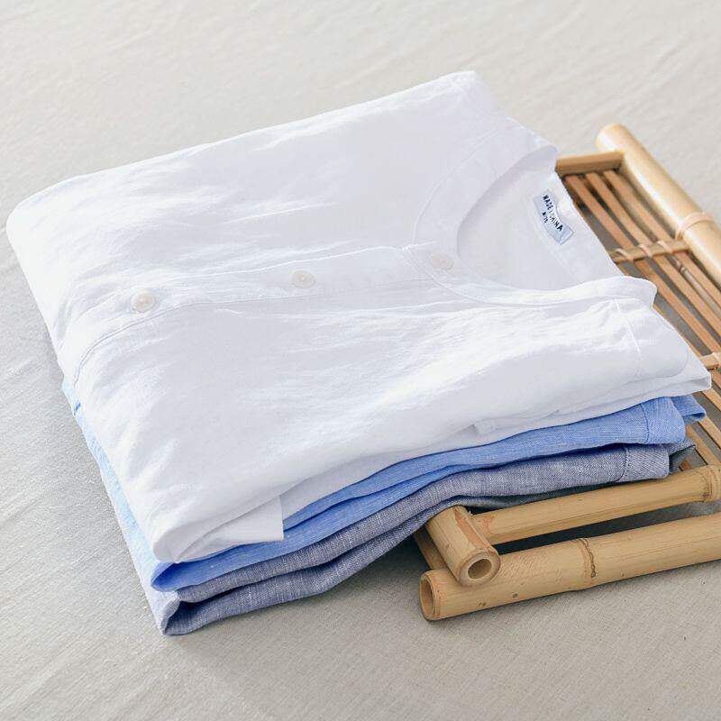 夏季薄款中国风立领短袖亚麻衬衫男宽松polo半袖棉麻白色T恤上衣