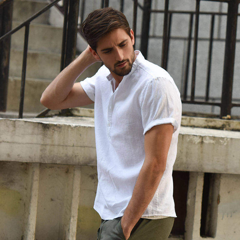 汉絮小清新白色短袖立领亚麻衬衫男士夏季休闲麻上衣修身棉麻衬衣