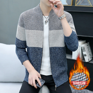 上衣潮流外穿秋冬加绒加厚男装 休闲拼色外套秋装 夹克 针织开衫 男士