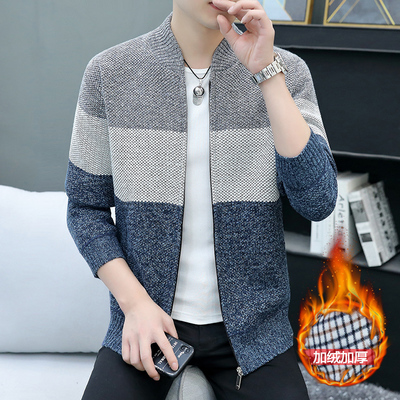 男士针织开衫休闲拼色外套秋装上衣潮流外穿秋冬加绒加厚男装夹克