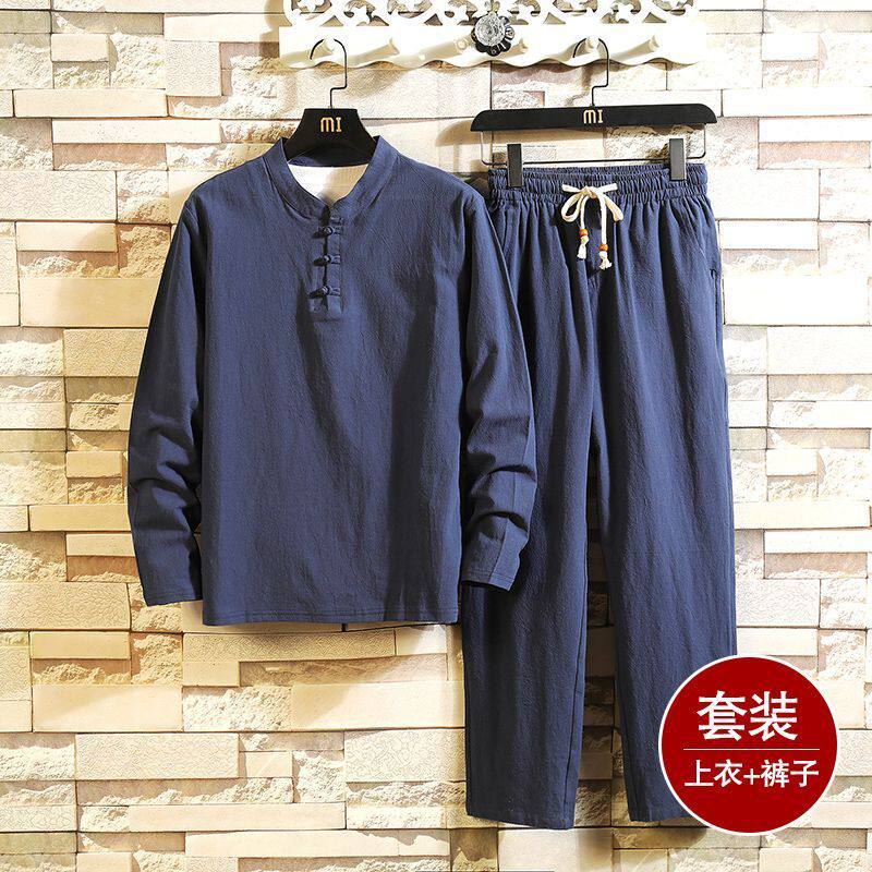 中国风男装唐装盘扣亚麻T恤男长袖春秋季新款棉麻宽松汉服居士服
