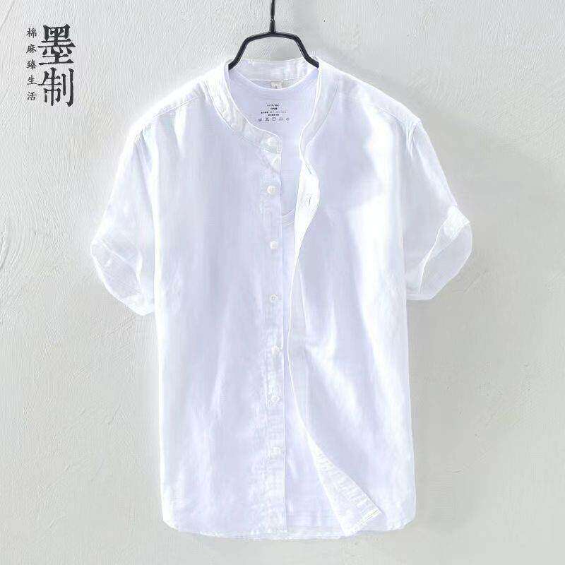 中国风立领亚麻衬衫男短袖棉麻衬衣夏季薄款宽松休闲麻料寸衫潮流