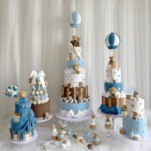 深蓝色热气球小熊甜品台仿真翻糖蛋糕模型2026新款 橱窗摆设样品